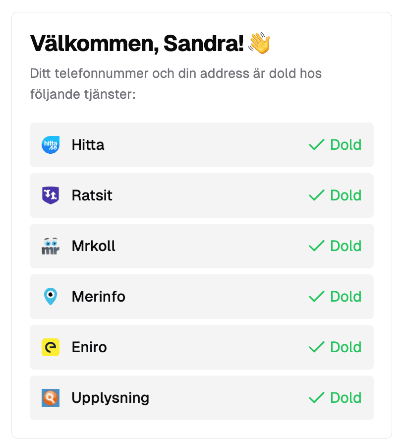 Skärmbild av Dölj Adress applikation som visar hur man skyddar sina personuppgifter